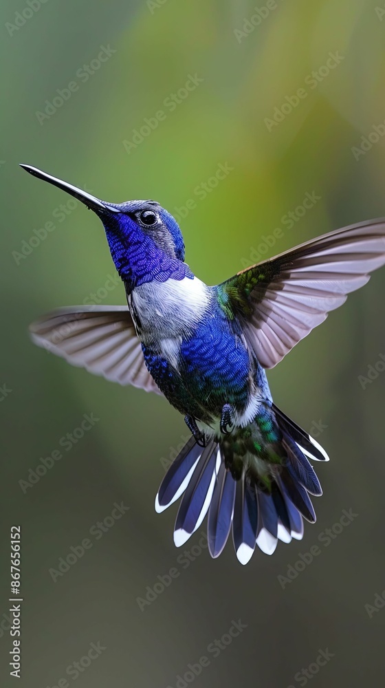 Naklejka premium An enchanting image of a blue hummingbird suspended in flight, set against a dreamy bokeh background that enhances its delicate features.