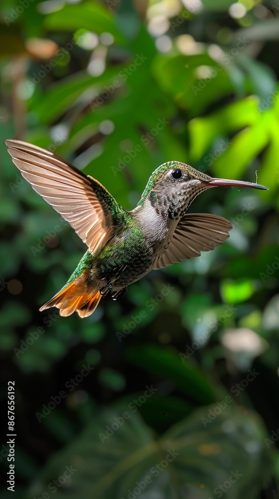 Hummingbird Hovering in Lush Green Foliage Hummingbird Hovering in Lush Green Foliage