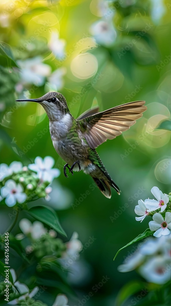 Fototapeta premium Hummingbird Hovering Near Blooming White Flowers