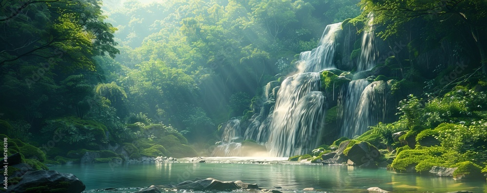A tranquil waterfall cascading down a lush green mountainside, its crystal-clear water misting in the air, creating a refreshing atmosphere. A tranquil waterfall cascading down a lush green mountainside, its crystal-clear water misting in the air, creating a refreshing atmosphere.