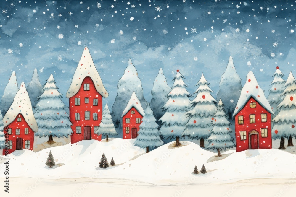 Whimsical winter village, red houses in snow, charming Christmas landscape illustration, greeting card