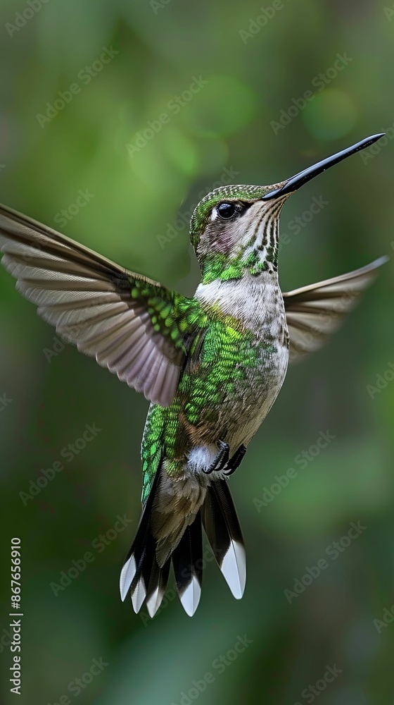 Hummingbird Hovering with Spread Wings Against Green Hummingbird Hovering with Spread Wings Against Green