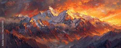 A majestic mountain range at sunset, with fiery orange and red hues painting the sky above the snow-capped peaks.