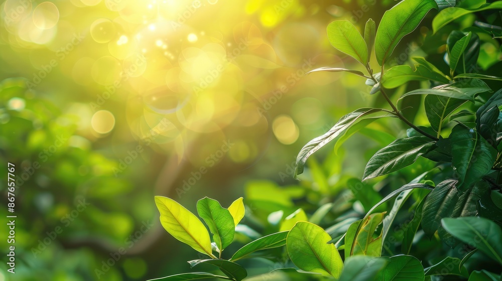 Lush green foliage with soft focus in garden setting space for text natural sunlight and bokeh effect ideal for eco themed designs