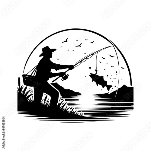 Fisherman catching a fish vector silhouette. Collection of fishing men on the waves and of the boat. Emblem for fishing clubs.