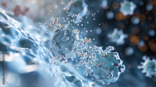 Microscopic View of Floating Viral Particles in a Fluid Environment with Bokeh Effect, exosome - Ai Generative © Surachet