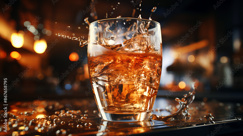 Close-up of whiskey splashing in a glass with a warm, blurred background in a bar setting.