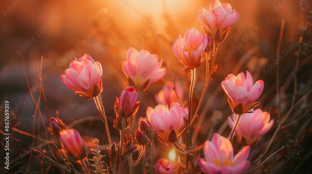 Blooming pink flowers with sunlit background, nature photography concept Blooming pink flowers with sunlit background, nature photography concept