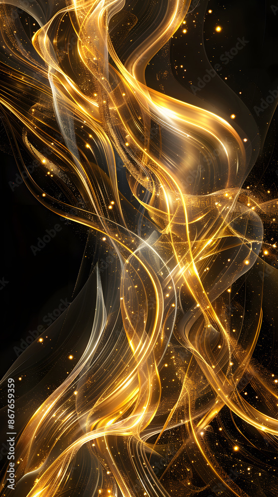 Vector illustration of golden dynamick lights linze effect isolated on black color background. Abstract background for science, futuristic, energy technology concept. Digital image lines with light Vector illustration of golden dynamick lights linze effect isolated on black color background. Abstract background for science, futuristic, energy technology concept. Digital image lines with light