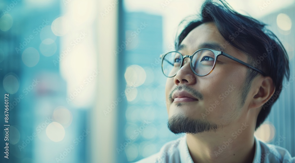 A closeup shot of an Asian man wearing glasses, looking out the window in contemplation and reflection during his work break at the office. A closeup shot of an Asian man wearing glasses, looking out the window in contemplation and reflection during his work break at the office.