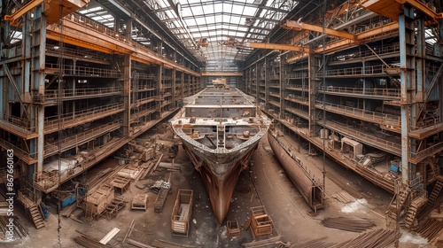 Massive Ship Being Constructed in an Industrial Shipyard