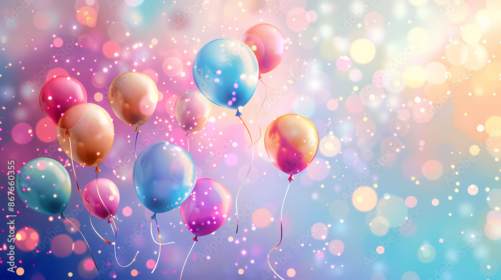 Fototapeta premium Colorful balloons flying on soft background with bokeh lights
