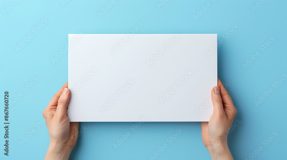 Hands holding a blank white sheet of paper against a blue background. Hands holding a blank white sheet of paper against a blue background.