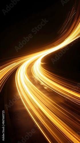 Vector illustration of golden dynamick lights linze effect isolated on black color background. Abstract background for science, futuristic, energy technology concept. Digital image lines with light  photo