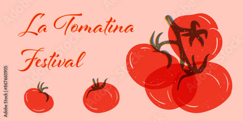 La Tomatina Festival festive poster with tomatoes and text. Colorful horizontal poster for veggies holiday. Good for greeting card, poster or for social media