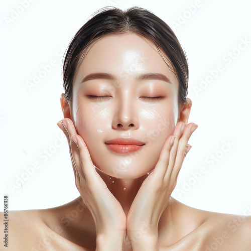 Beauty Korean Asian women spa skin healthy on 100% isolate white background. photo