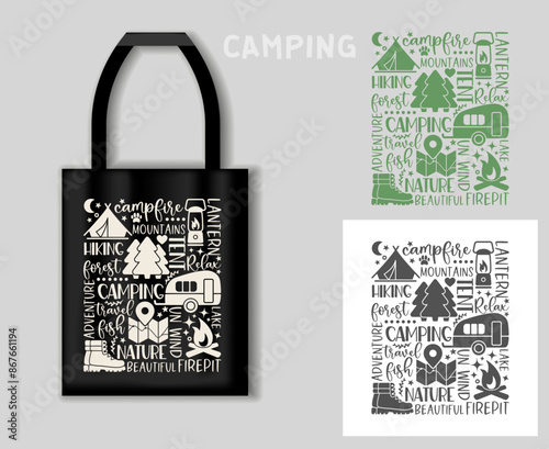 Composition of inscriptions and pictures on the theme of hiking . Camping concept with tote bag mockup