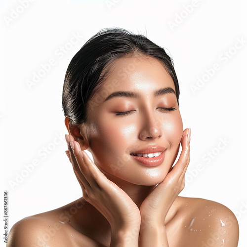 Beauty Korean Asian women spa skin healthy on 100% isolate white background. photo