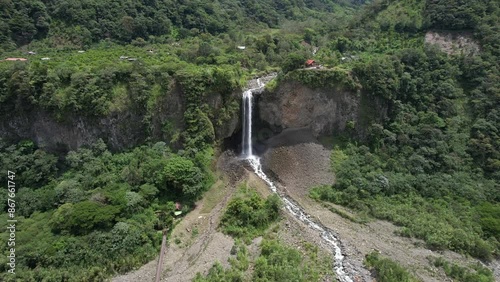 Aerial view of a waterfall on the Cascade Trail in Banos, Ecuador