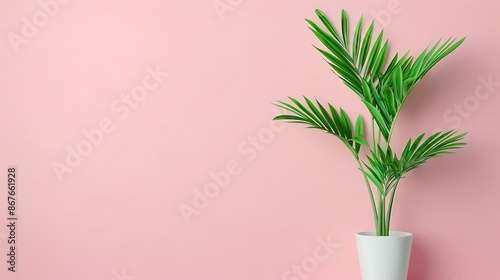 A simple and stylish design with a pastel pink background and a green indoor plant in a white pot on the right side, suitable for corporate and creative promotional use. photo