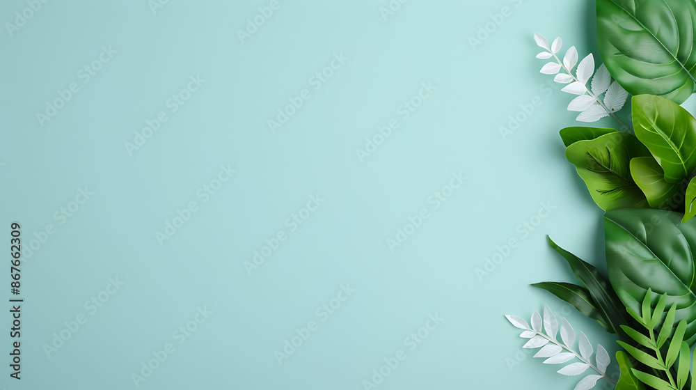 The design features lush green and white leaves on the right side against a soft, pastel blue background, exuding simplicity and modernity. The design features lush green and white leaves on the right side against a soft, pastel blue background, exuding simplicity and modernity.