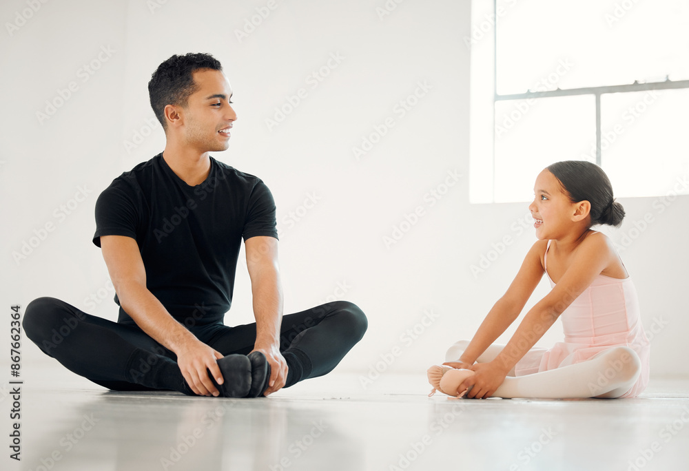 Child, ballet and teacher with student on floor for stretching, learning or development for dance in studio. Creativity, coach and happy ballerina in theatre for balance, support or mentor for talent Child, ballet and teacher with student on floor for stretching, learning or development for dance in studio. Creativity, coach and happy ballerina in theatre for balance, support or mentor for talent