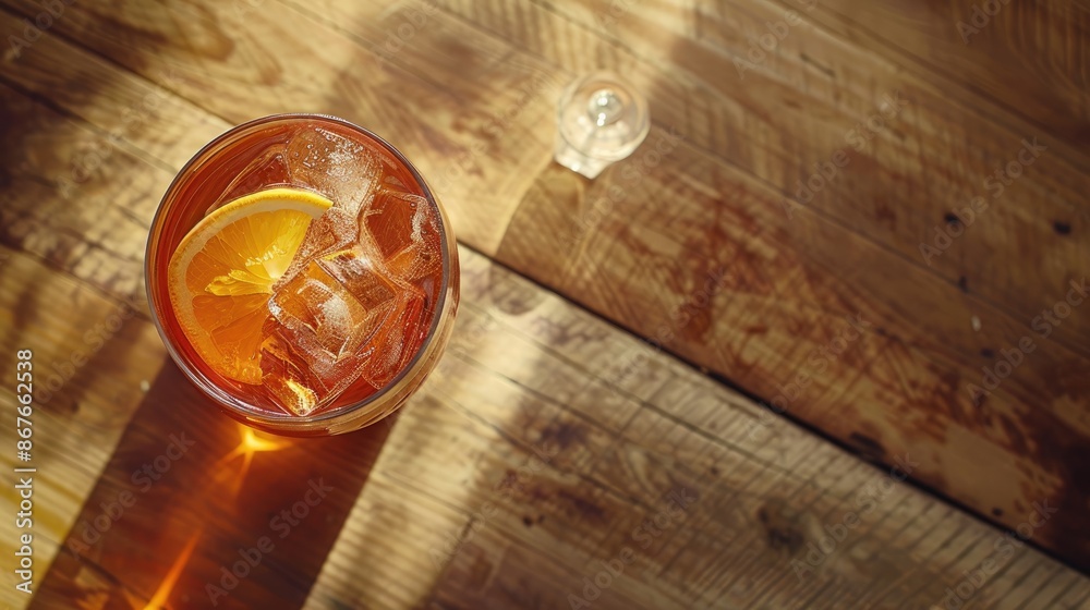 Negroni cocktail seen from above on a wooden table Negroni cocktail seen from above on a wooden table
