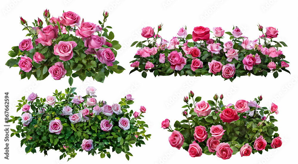 Set of beautiful pink roses with lush green leaves, cut out Set of beautiful pink roses with lush green leaves, cut out