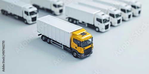 yellow truck leading other white trucks in a line, with a minimalist design featuring bold black outlines