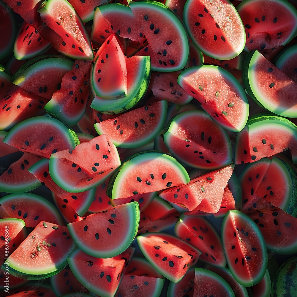 Whole watermelon slices on a wooden cutting board with blurred kitchen in the background Whole watermelon slices on a wooden cutting board with blurred kitchen in the background