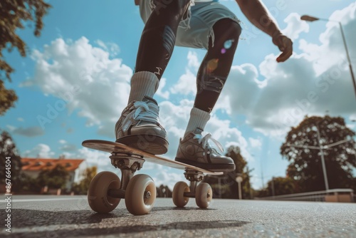 Young adult man roller skating outdoors and doing tricks