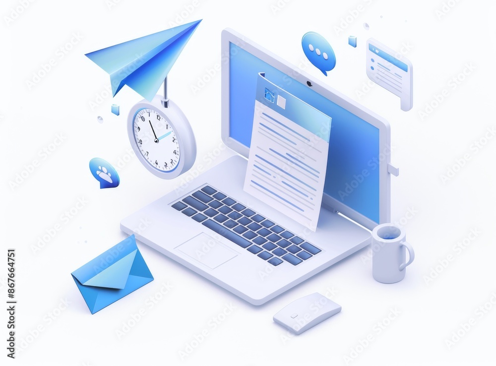 icon of a blue paper plane, a document file, and a clock on a laptop screen with message bubble icons. icon of a blue paper plane, a document file, and a clock on a laptop screen with message bubble icons.