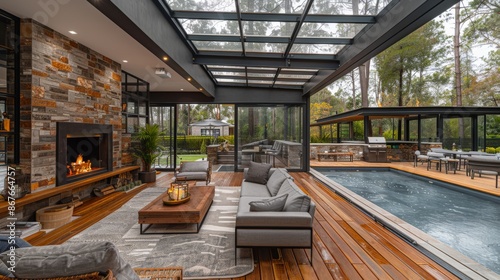 Cozy outdoor area with modern design: wood flooring, grey sofas, fireplace, glass roof, and barbecue. © Katerina 