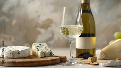 Wallpaper Mural A bottle of white semi-sweet wine with a cheese appetizer, against a background of a gray textured wall, space for text. Stylish still life with a bottle of wine, glass, grapes, wine, still life, comp Torontodigital.ca