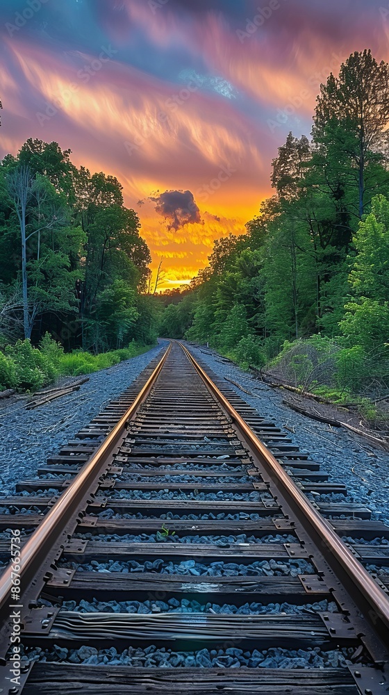 Fototapeta premium Railway track at sunset with colorful sky, tranquil scene