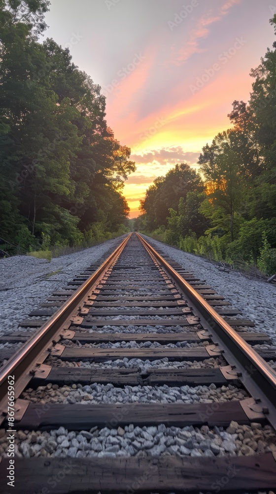 Railroad tracks at sunset with trees on both sides Railroad tracks at sunset with trees on both sides