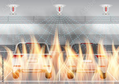 Fire Sprinkler Splashing on Fire in Building. Automatic Fire Extinguishing System. Vector Illustration. 