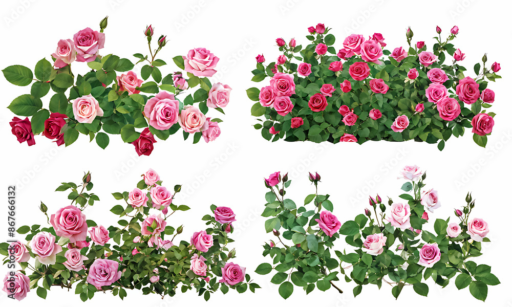 Set of beautiful pink roses with lush green leaves, cut out Set of beautiful pink roses with lush green leaves, cut out