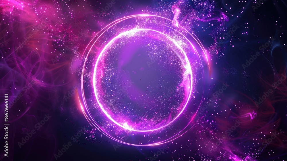 Abstract neon sphere of glowing on a dark background, circle and loop frames with magic purple and pink sparkle. Banner, Cover, Ads Abstract neon sphere of glowing on a dark background, circle and loop frames with magic purple and pink sparkle. Banner, Cover, Ads