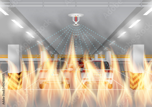 Fire Sprinkler Splashing on Fire in Building. Automatic Fire Extinguishing System. Vector Illustration. 