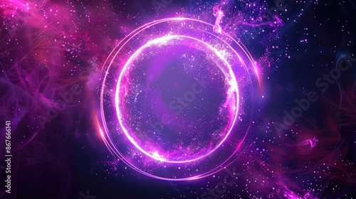 Abstract neon sphere of glowing on a dark background, circle and loop frames with magic purple and pink sparkle. Banner, Cover, Ads