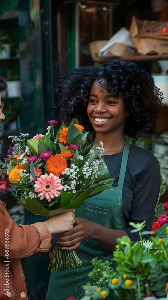 Fototapeta premium Black woman, working in garden center, with customer