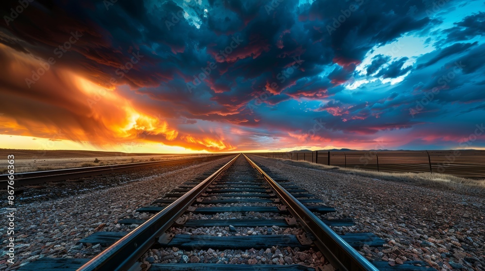 Railway tracks stretching towards a vibrant sunset with a dramatic sky, tranquil landscape. Natural wonder and journey concept Railway tracks stretching towards a vibrant sunset with a dramatic sky, tranquil landscape. Natural wonder and journey concept
