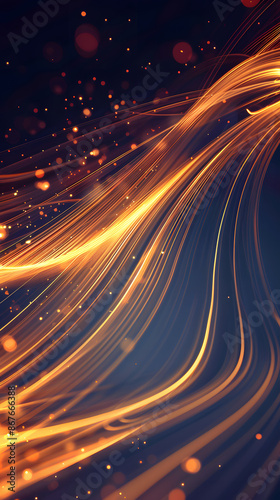 Vector illustration of golden dynamick lights linze effect isolated on black color background. Abstract background for science, futuristic, energy technology concept. Digital image lines with light  photo