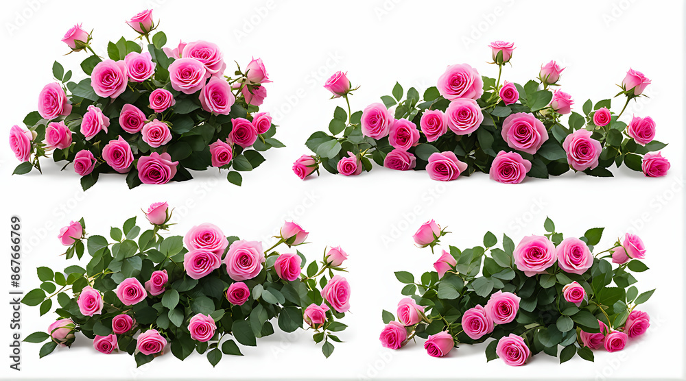 Set of beautiful pink roses with lush green leaves, cut out Set of beautiful pink roses with lush green leaves, cut out