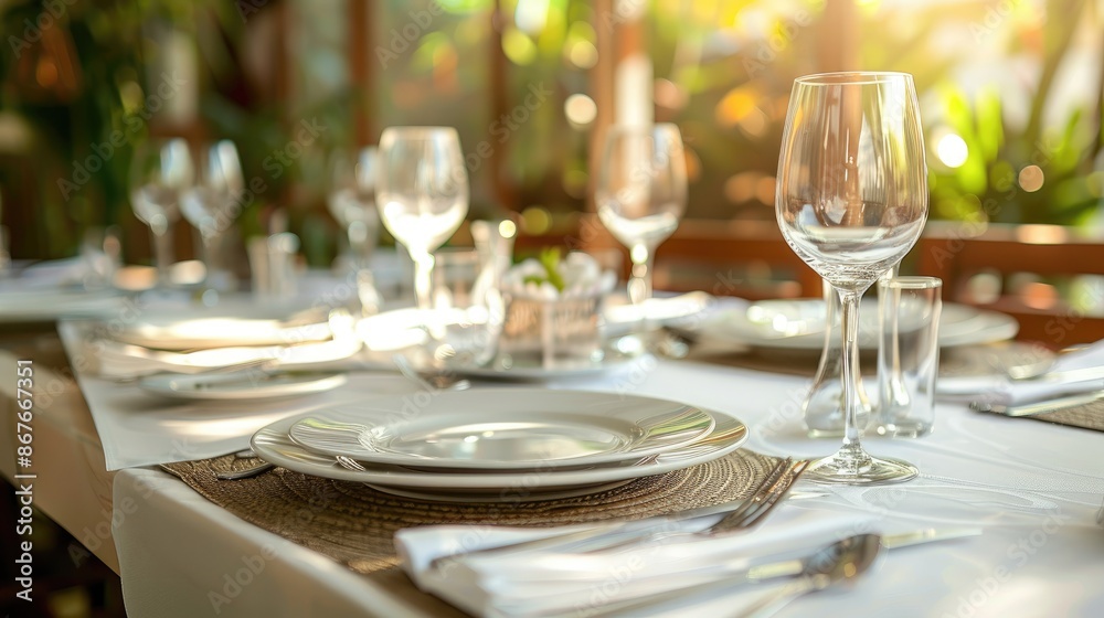 Elegant dining table setting with empty plates and cutlery, ready for menu text Elegant dining table setting with empty plates and cutlery, ready for menu text