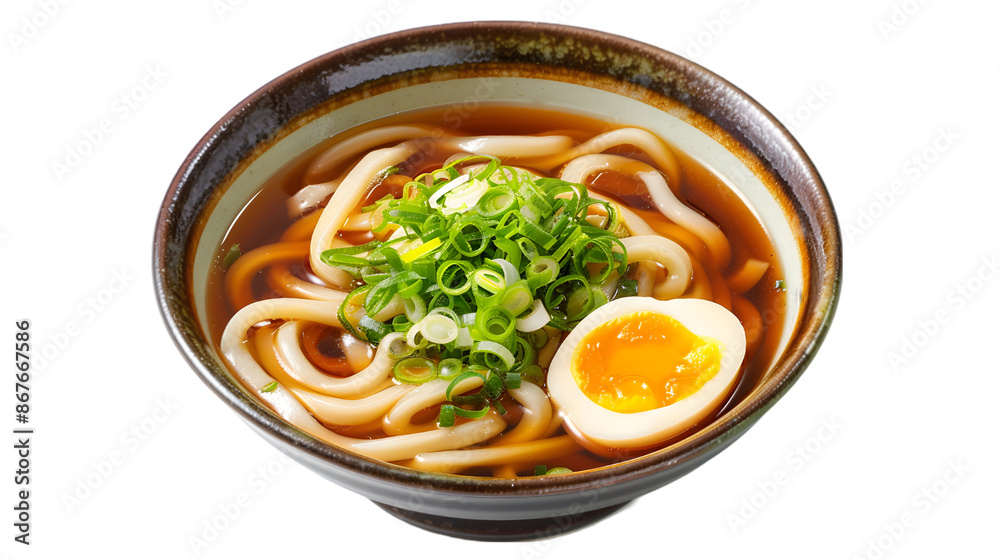 A serving of kake udon in a clear broth, topped with sliced green onions and a soft-boiled egg, on a transparent background A serving of kake udon in a clear broth, topped with sliced green onions and a soft-boiled egg, on a transparent background