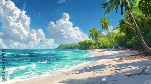 Tropical Beach Scene With Palm Trees and Blue Sky