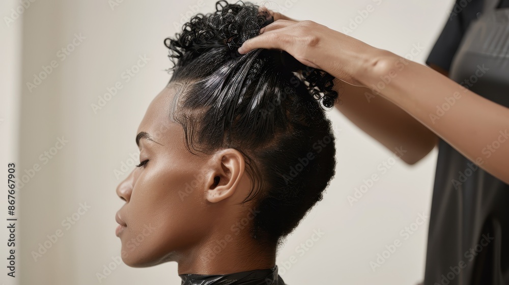 Fototapeta premium hairstylist adjusting curls in a salon setting
