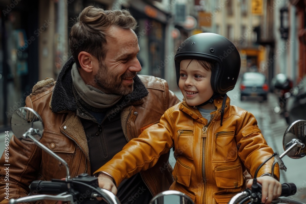 Happy father and son looking at each other while riding motorbike on street Happy father and son looking at each other while riding motorbike on street